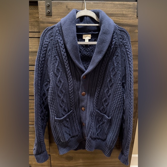 J. Crew Other - J. CREW Cotton Cable Knit Shawl Collar Button Up Cardigan Sweater Navy Blue Sz M